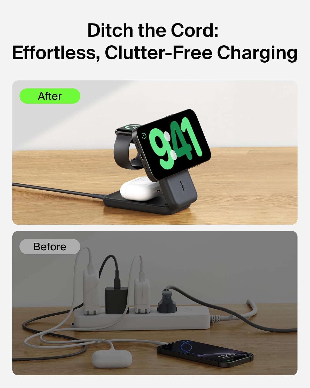 Belkin Qi2.2 25W Magnetic Wireless Charging Station, 3-in-1 Foldable Stand | MagSafe compatible, charging dock, iPhone 17/16/15, Apple Watch, AirPods, Pixel 10, foldable, 45W adapter