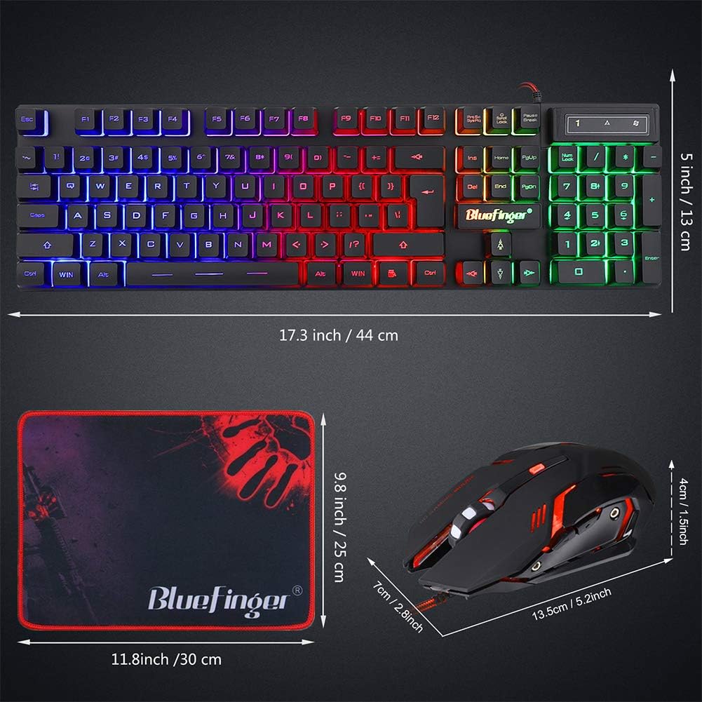 BlueFinger RGB Gaming Keyboard and Backlit Mouse Combo, USB Wired, LED Gaming Set for Laptop PC Computer Game and Work