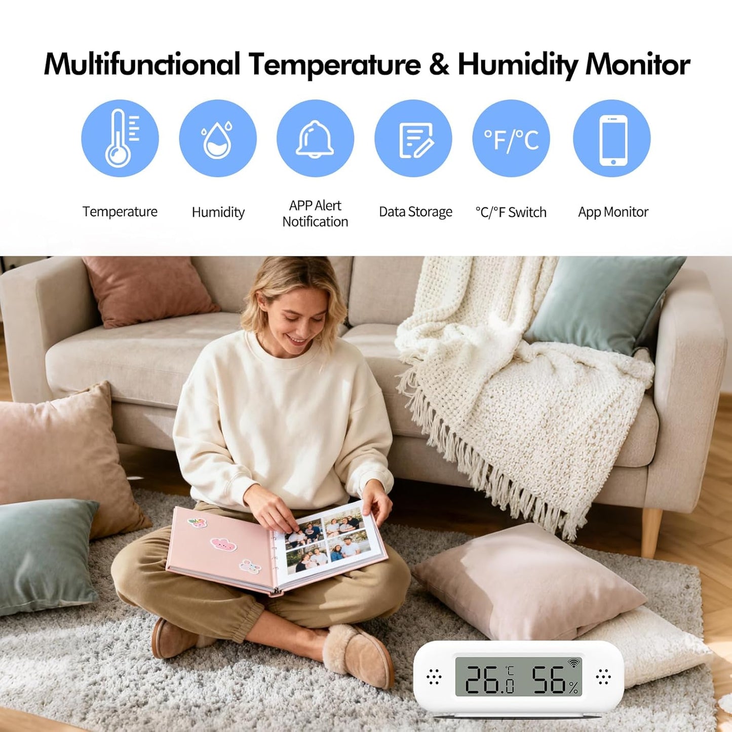 eMylo WiFi Thermometer Hygrometer Sensor, Wireless Indoor Temperature Humidity Monitor with App Control, Notification Alerts, Free Data Storage Export, for Home Pet Greenhouse, Compatible with Alexa