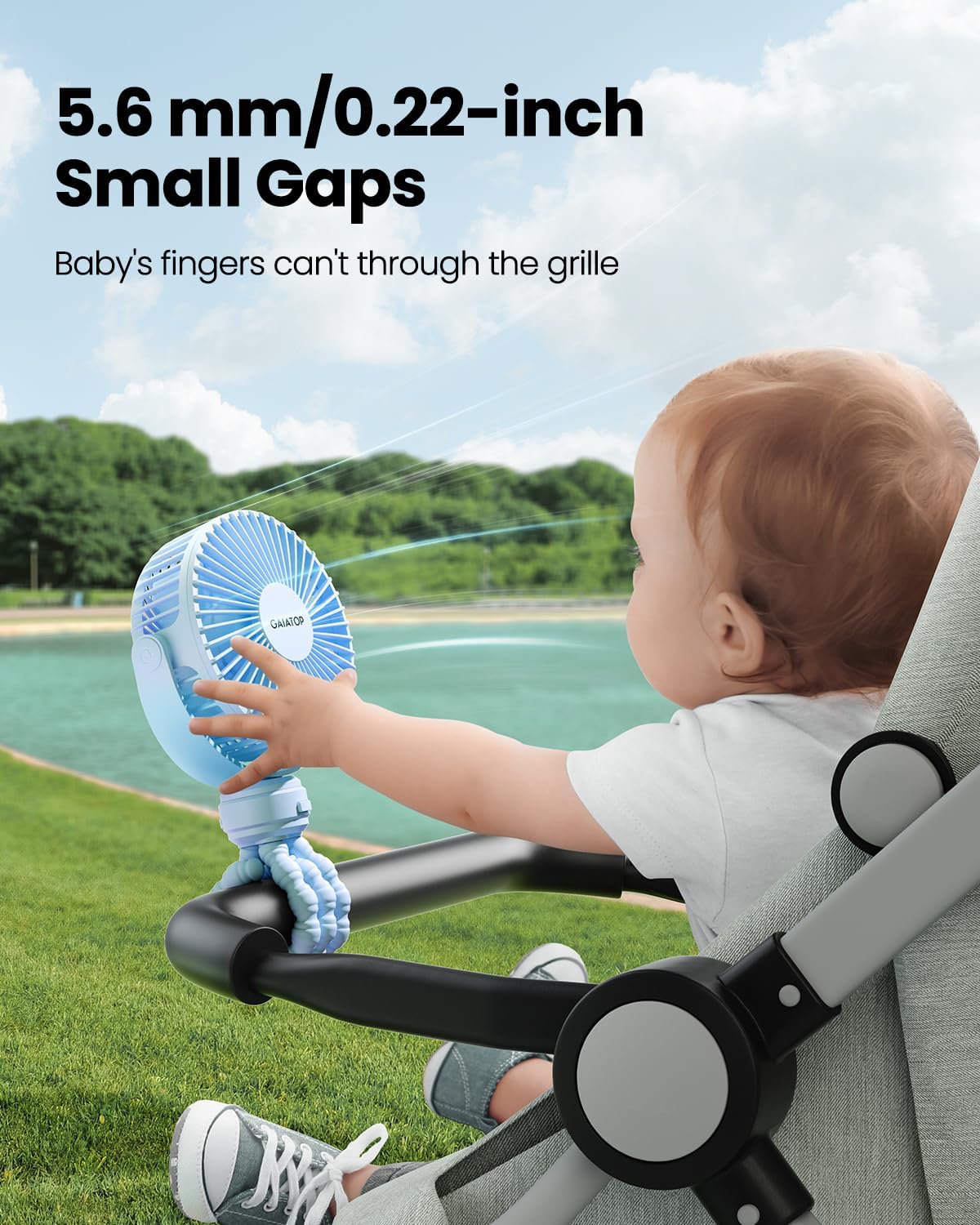 Gaiatop Mini Portable Stroller Fan, Small Clip on Fan Blue | Battery Operated Detachable, 3 Speed Rechargeable, 360° Rotate Flexible Tripod, Cooling for Car Seat Crib Treadmill Travel