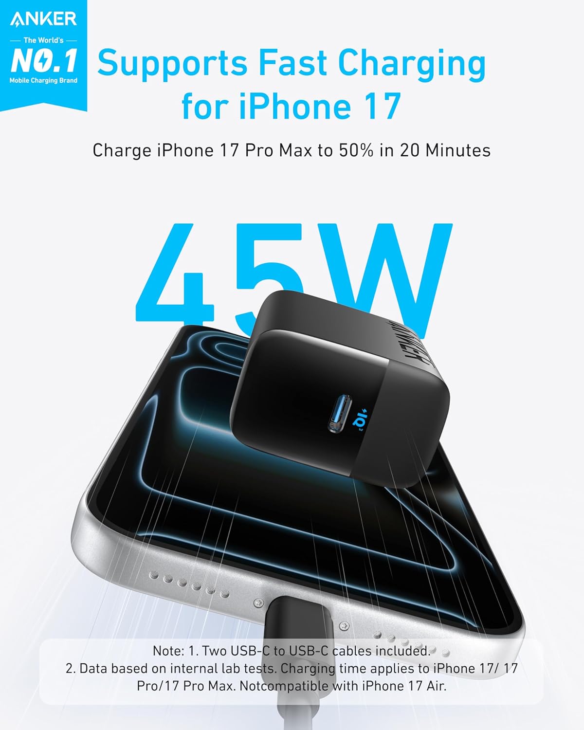 Anker 45W USB C Charger Block, 2-Pack Type C Charger Fast Charging | Phone Charger Includes 5ft USB-C Cable,For iPhone 17/16 Series,iPad, Galaxy S24 Ultra and More