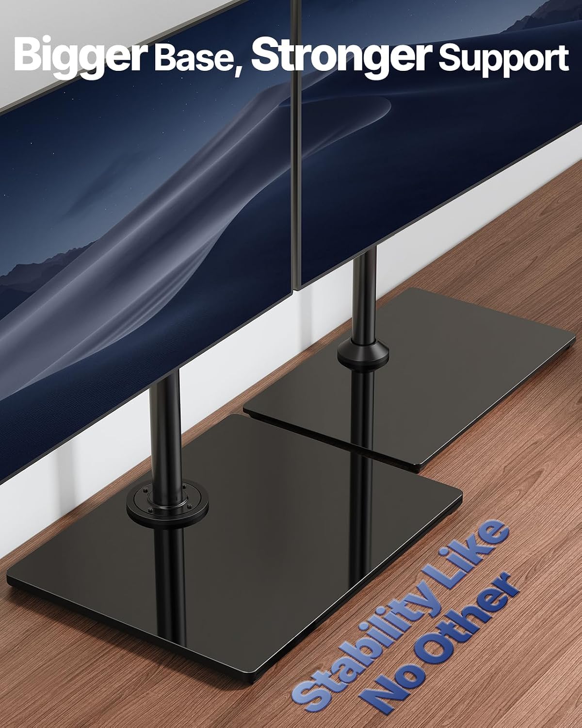 HUANUO Free Standing Dual Monitor Stand for 13-32 Inch Monitors, Glass Base | Free Standing Base, Two Setup Options, Adjustable Dual Arms, 22 lbs per Arm, VESA 75x75/100x100mm, Easy Portrait Rotation