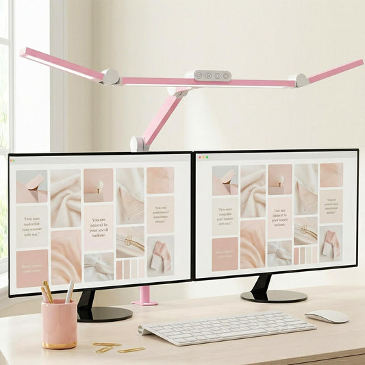 Micomlan Architect Desk Lamp for Home Office, Pink Desk Lamp with Clamp for Working, 24W Bright Rotatable Led Table Light Stepless Dimming Tempering Wide Computer Light for Crafting Puzzle Hobby