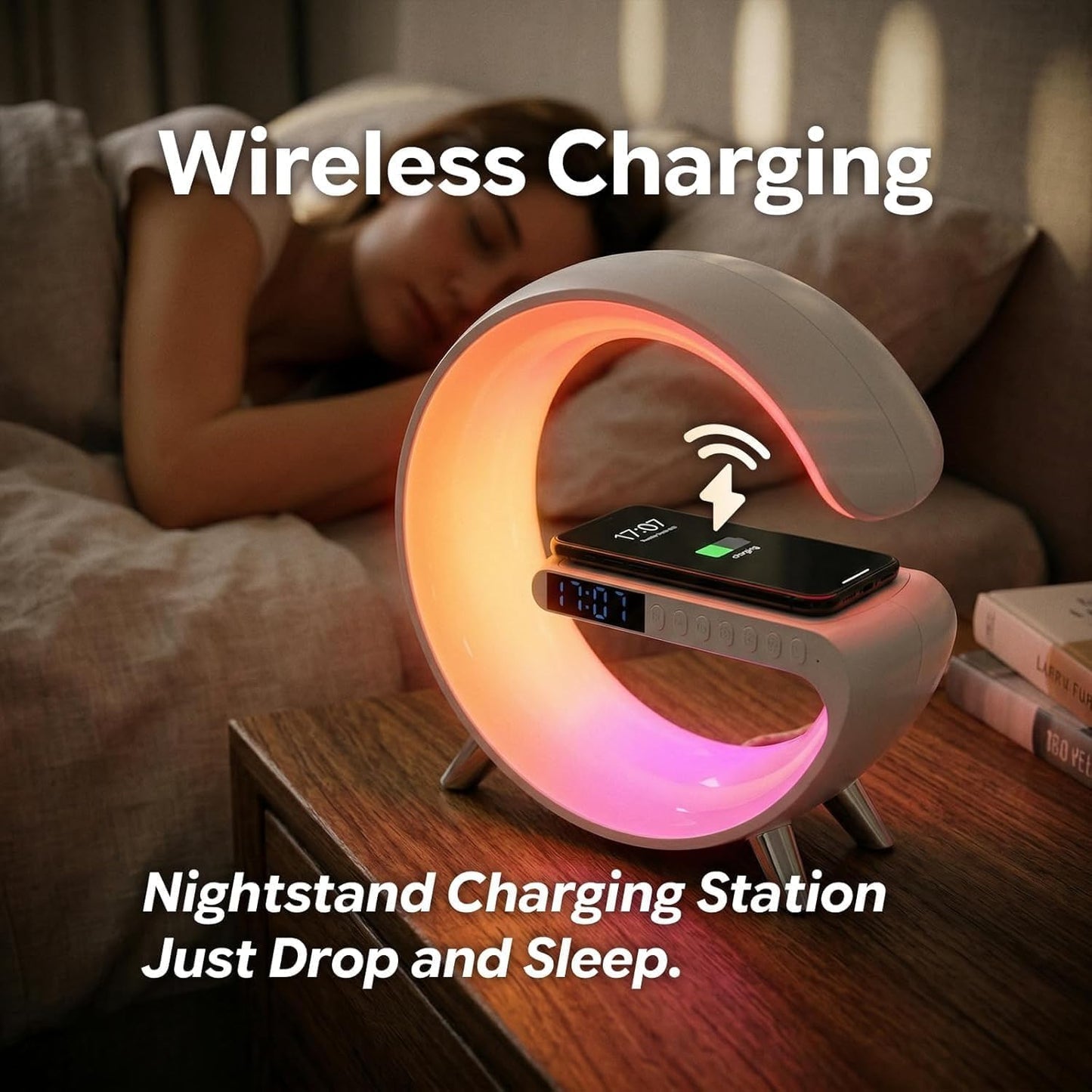 5 in 1 LED Table Lamp with Wireless Charging Bluetooth Speaker | App Controlled Night Light Alarm Clock for Christmas Birthday Gifts for Teens Adults Desk Office Bedroom Decor