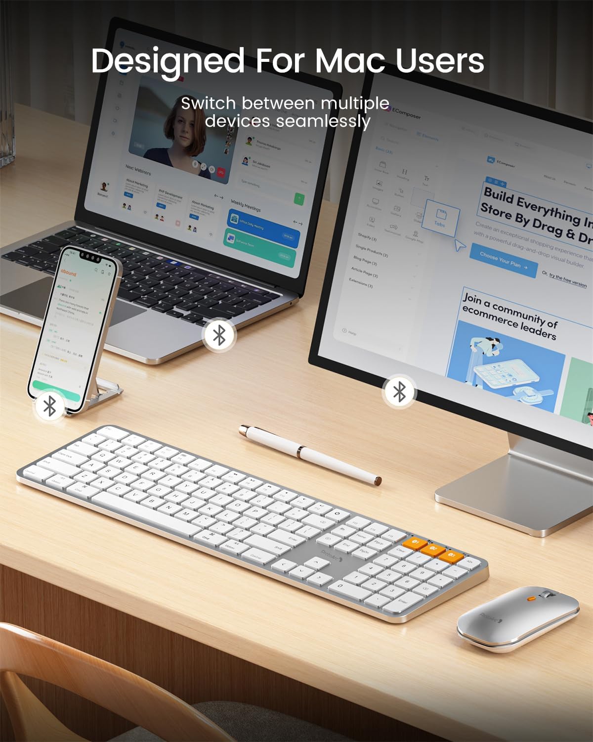 ProtoArc KM100-A Backlit Bluetooth Keyboard and Mouse for Mac, White Silver