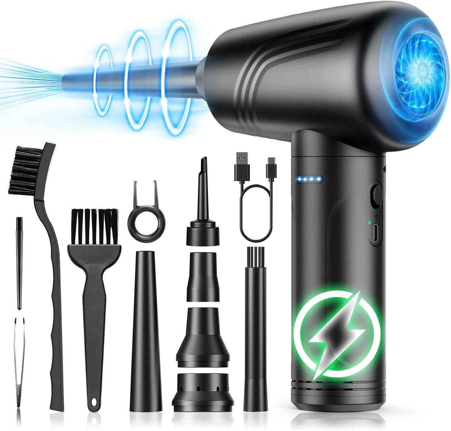 11-in-1 Compressed Air Duster-3-Gear Adjustable 120000 RPM Electric Air Duster with LED Light, Reusable no Canned Keyboard Cleaner for Office, 9000mAh Cordless Air Duster for Computer/Car/Home (Black)