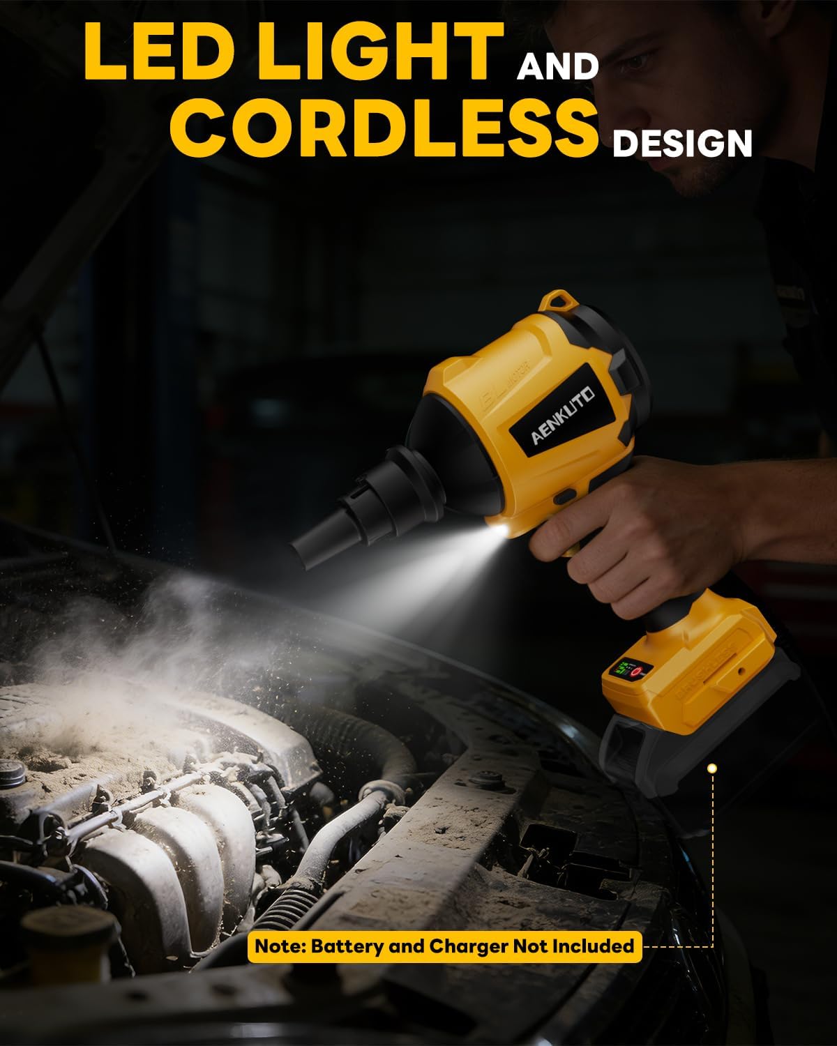 Cordless Compressed Air Duster & Blower Compatible with DeWalt 20V MAX Battery, Brushless Handheld Sawdust Blower, 3-Speed Control, LED Light, Portable Inflatable Pump for Camping (No Battery)