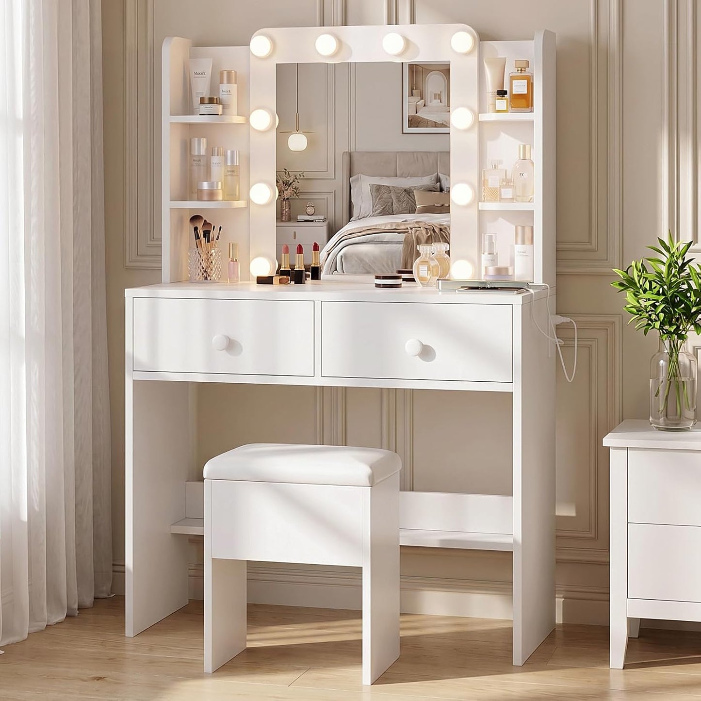 FUXA Makeup Vanity Desk with LED Mirror and Chair Set, White | 3 Lighting Modes, Built-in Charging Station, Storage Drawers and Shelves for Bedroom