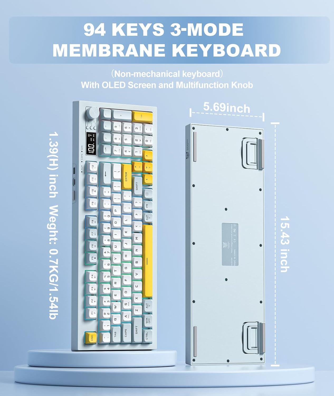 Tri-Mode Wireless Keyboard, BT/2.4G/Wired, Silent Membrane, RGB Backlit, Display Screen & Multimedia Knob, 94 Keys PBT Keycaps for PC Home Gaming Office Use