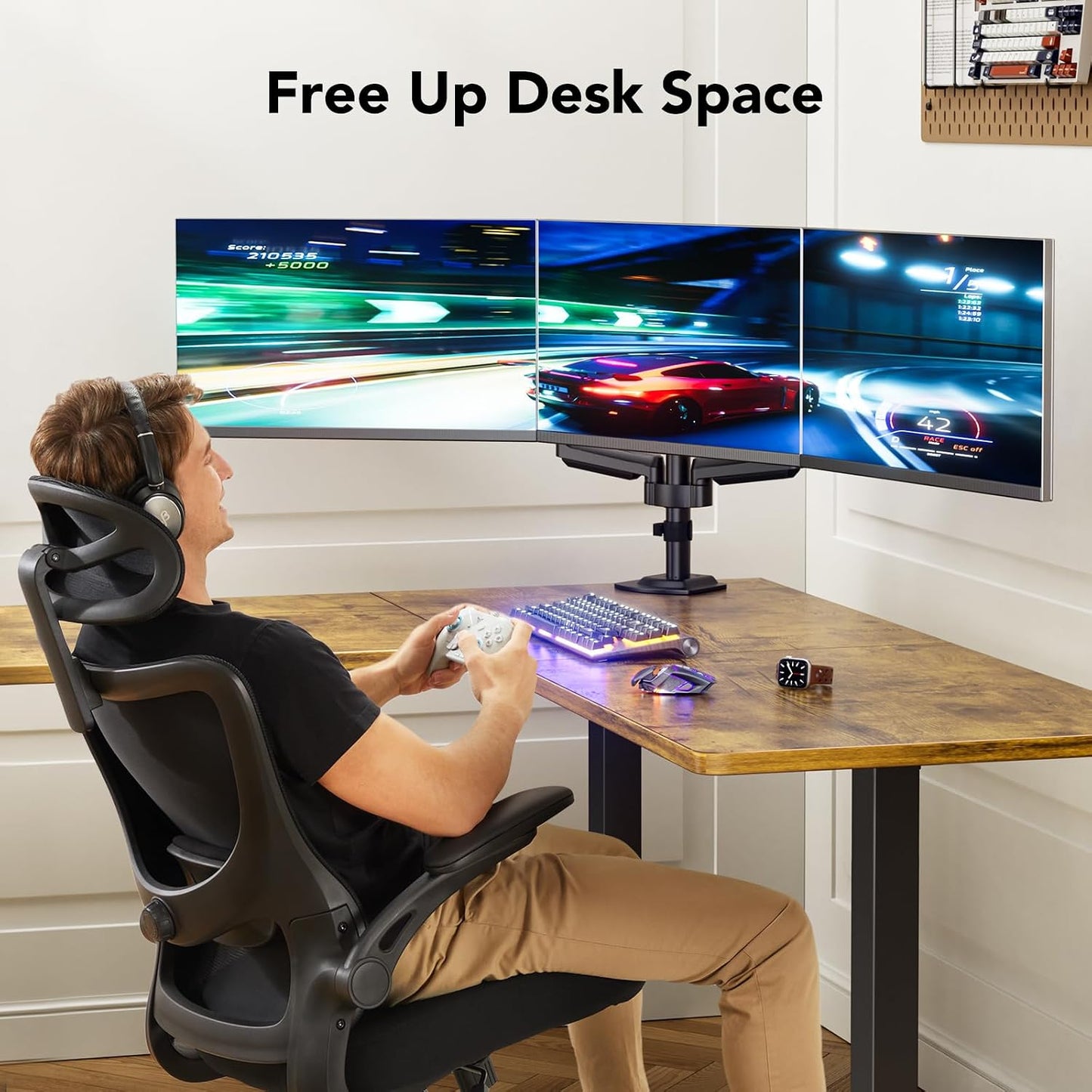 HUANUO Triple Monitor Mount for 13-27 inch Computer Screens, Gaming 3 Monitor Desk Mount with Arm Holds 19.8lbs, Triple Monitors Stand with Tilt, Swivel, Rotation, VESA 75x75, 100x100mm