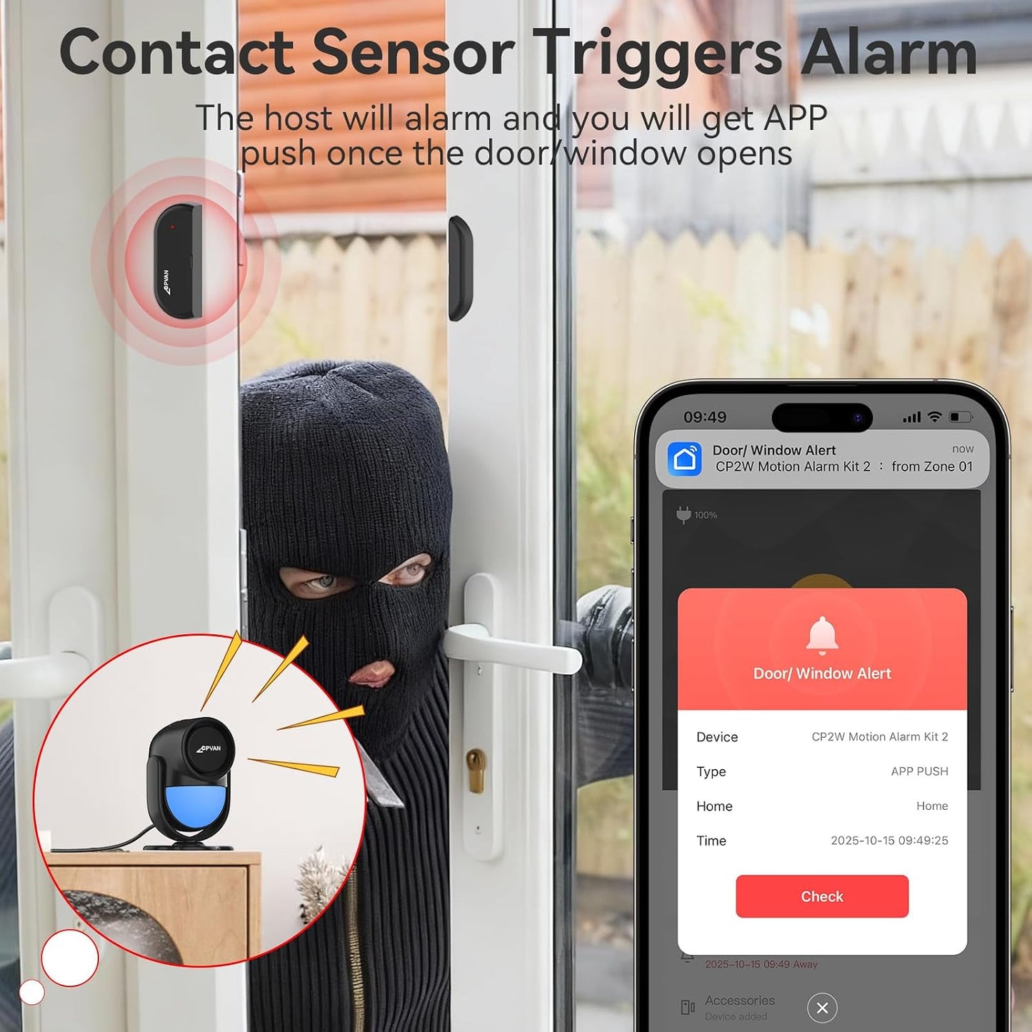CPVAN WiFi Motion Sensor Alarm System, 125dB Smart PIR Motion Detector with 6 Door Window Sensors, Phone App Alerts, Wireless Indoor Home Security Kit, 2.4GHz WiFi, Black