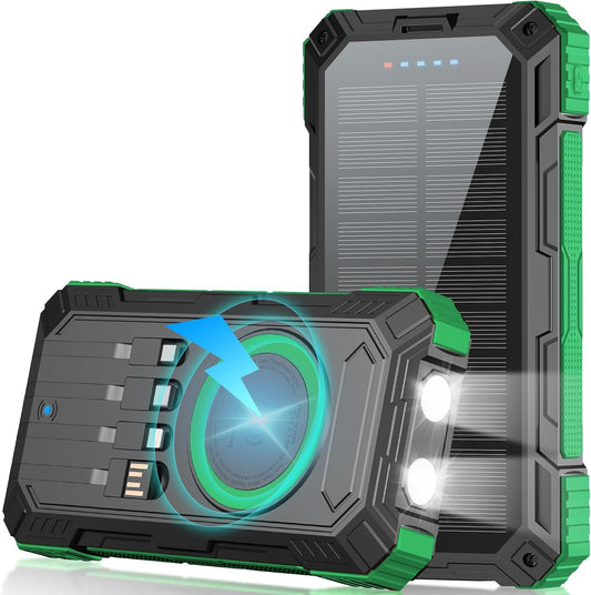 Solar Power Bank 49800mAh 22.5W QC3.0 Fast Charging Built in 4 Cables with USB C 6 Outputs & 2 Inputs for All Cell Phone Portable Wireless Charger Bright LED Flashlight Perfect for Camping