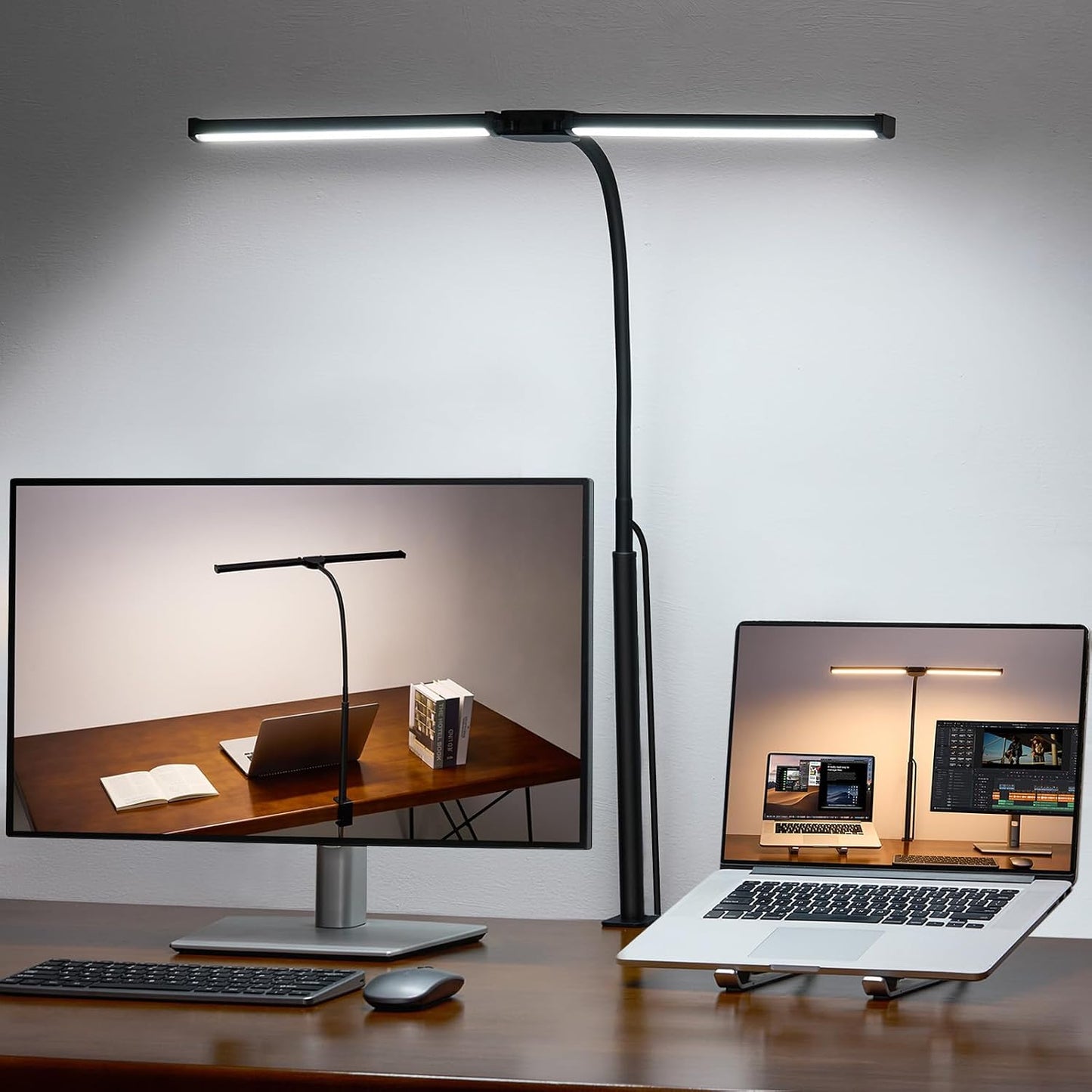 LED Desk Lamp for Home Office, Double Head Desk Light with Clamp | 3 Modes 10 Brightness, Long Flexible Goose-Neck, Eye-Caring, Memory Function, Energy Efficient, USB Adapter, Metal, Black