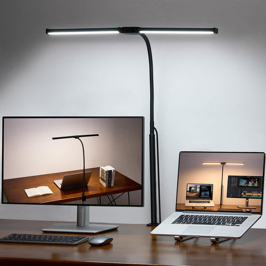 LED Desk Lamp for Home Office, Double Head Desk Light with Clamp | 3 Modes 10 Brightness, Long Flexible Goose-Neck, Eye-Caring, Memory Function, Energy Efficient, USB Adapter, Metal, Black