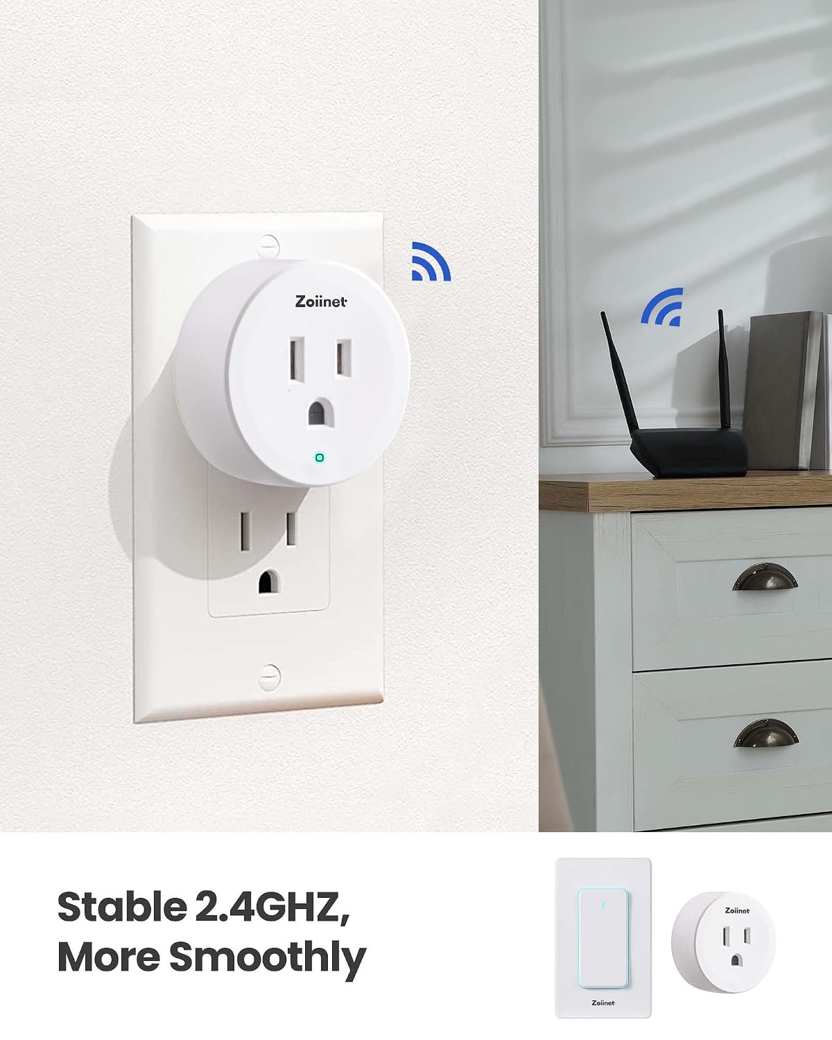 Zoiinet Smart Plug Switch, Wireless Remote Control Outlet WiFi, 15A/80-725V