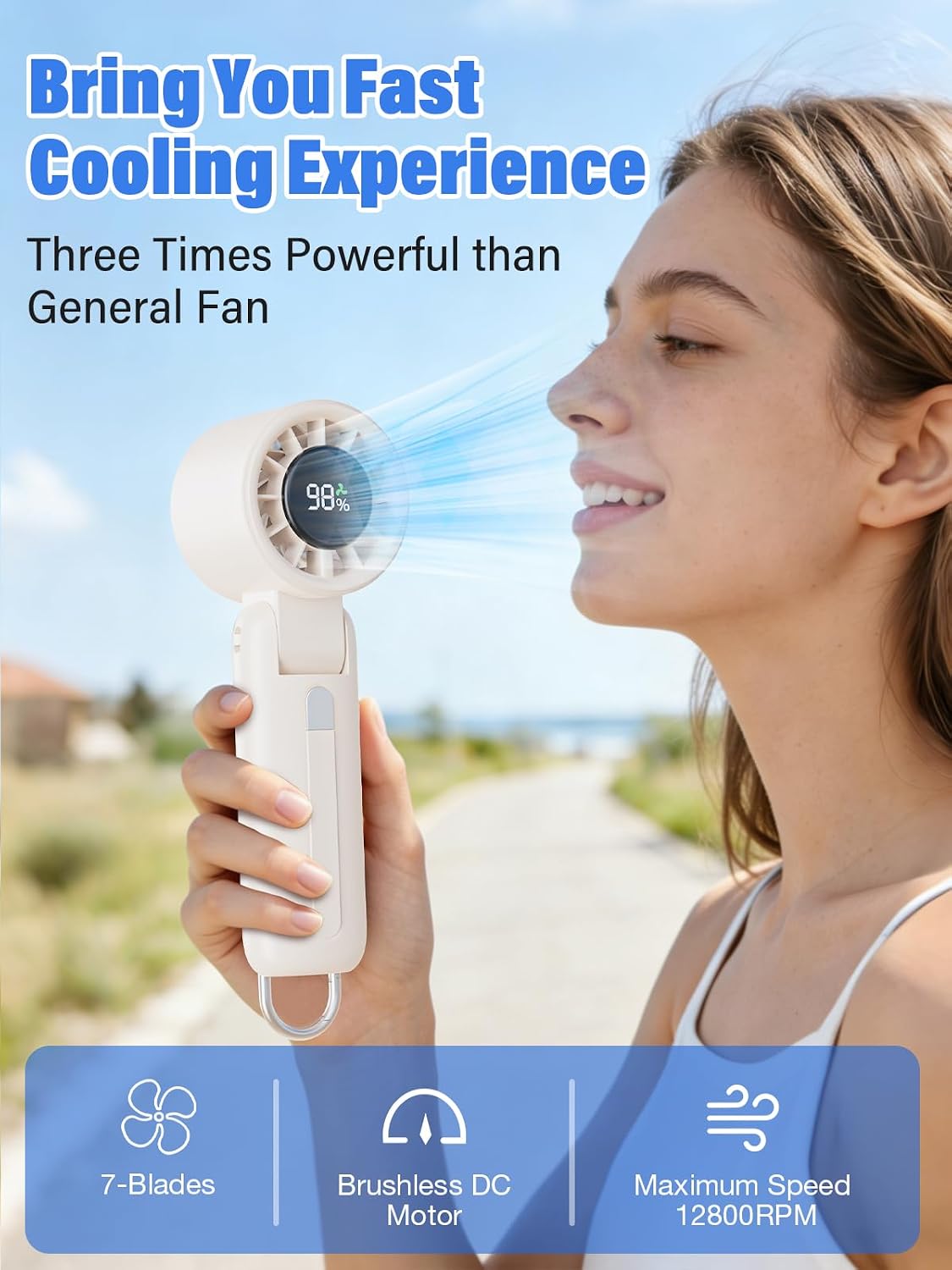 AI Handheld Fan Turbo, 100-Speed Portable Fan Rechargeable, Mini Fan with 12800 RPM Strong Airflow, Foldable 4-in-1 Personal Fan for Travel, Camping, Beach & Office, USB-C & Lightweight & Quiet
