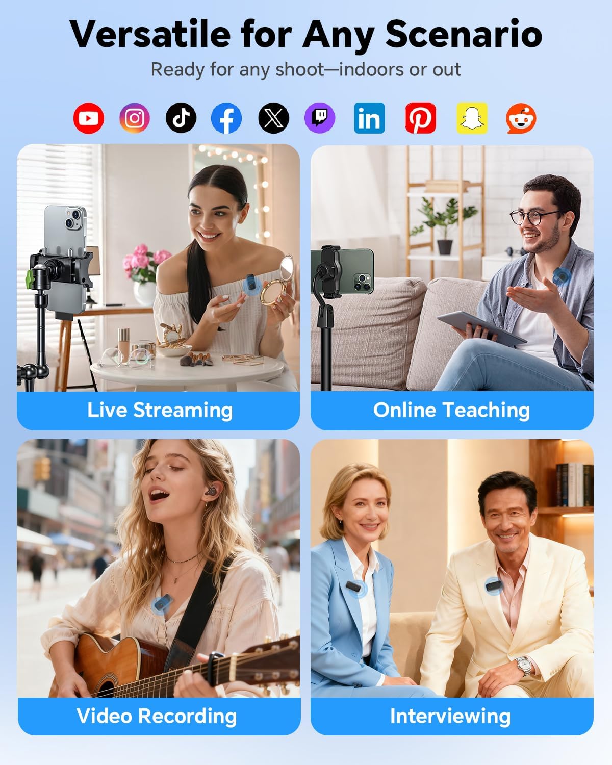 Wireless Lavalier Microphone for iPhone/Android Phone/Laptop/PC, Mini Lapel Mic with 50H Battery Life Charging Case, 100FT Range and Noise Reduction, for Video Recording, Streaming, TikTok