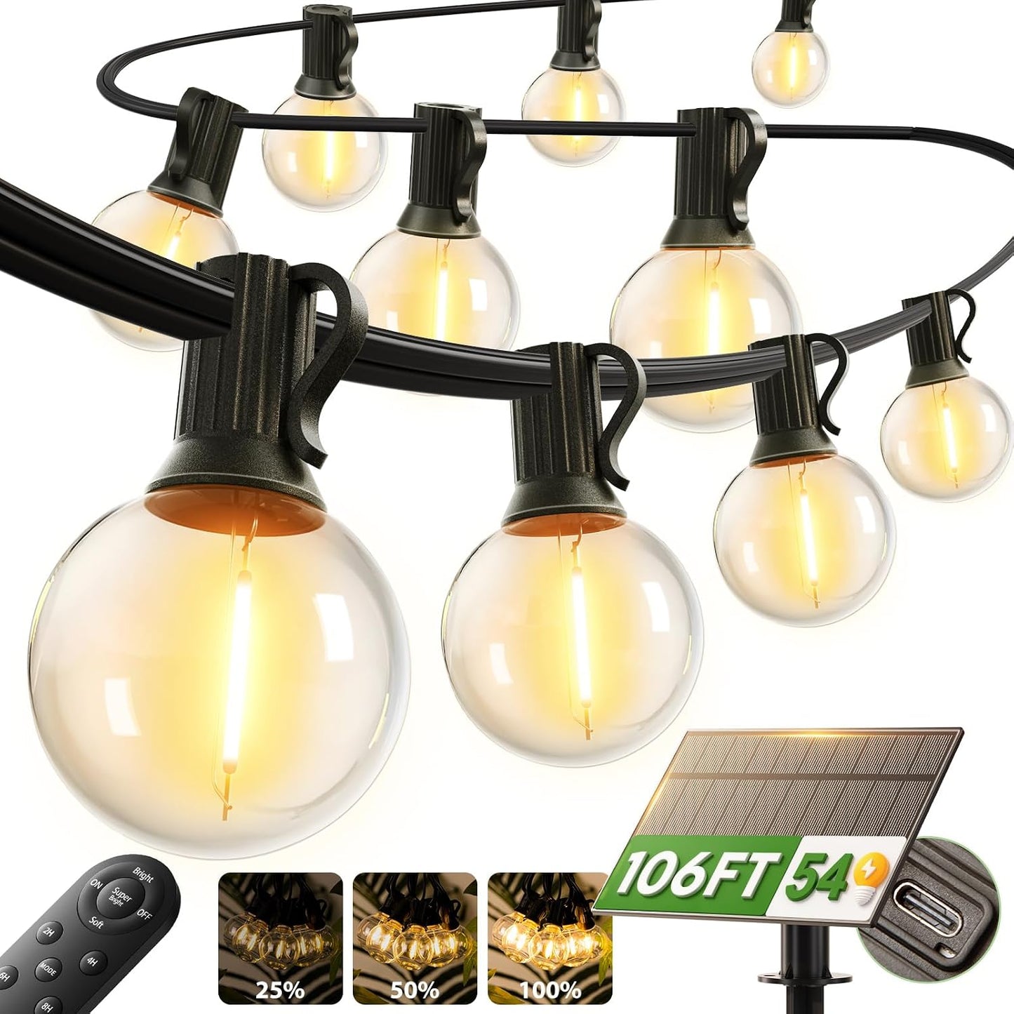 addlon 100FT 54LED Solar String Lights Outdoor Waterproof with Remote, USB | Shatterproof Outdoor Lights, 5000mAh Battery, Dimmable Timer Modes, Solar Powered Patio Lights for Backyard, Garden, Camping