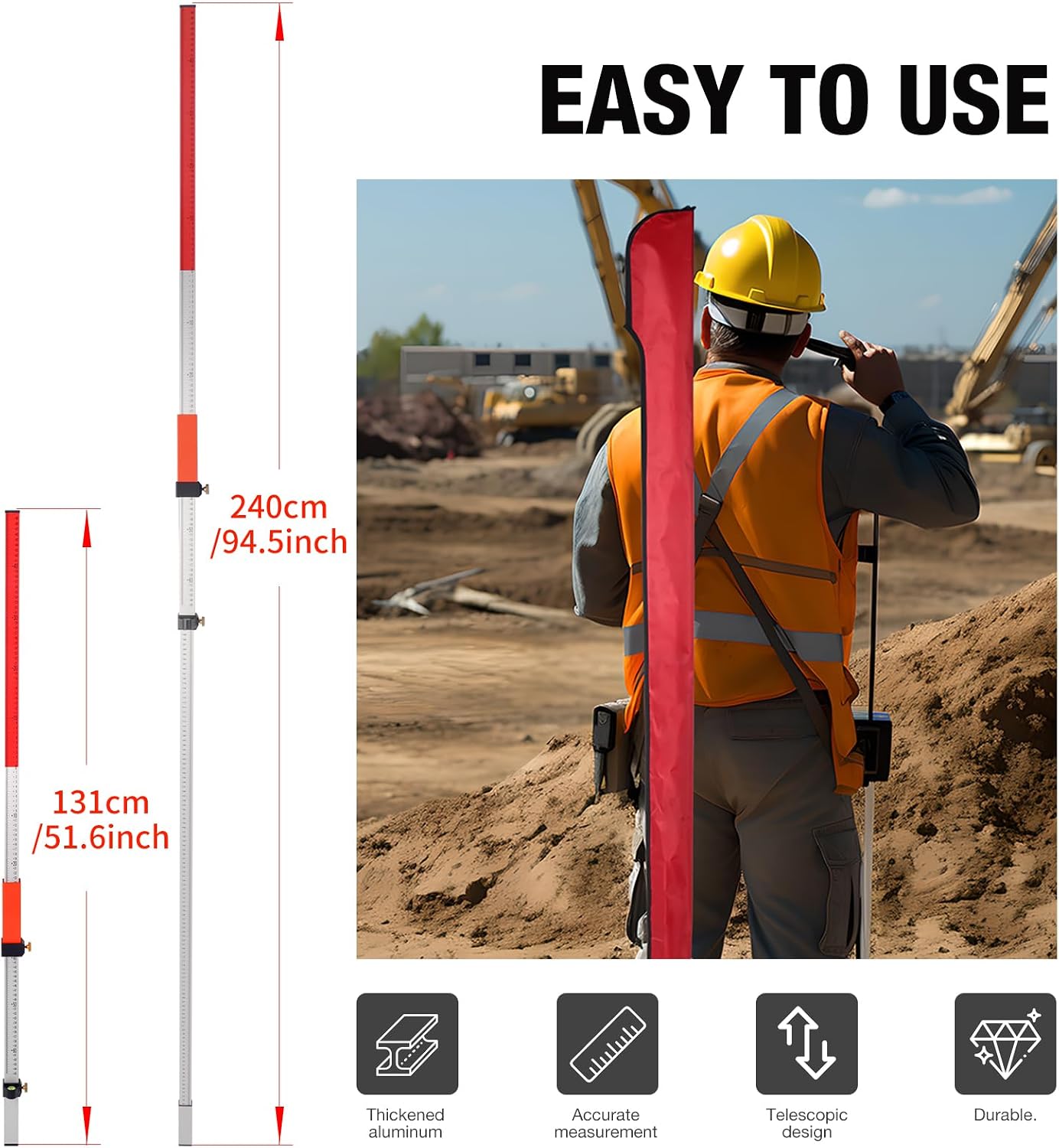 Laser Grade Rod, Laser level Suit for Rotary Laser Level Grade Rod With Quick Lock Aluminum rod to Measure, Inch Scale at Front & Metric Scale at Back Rod with Carrying Case