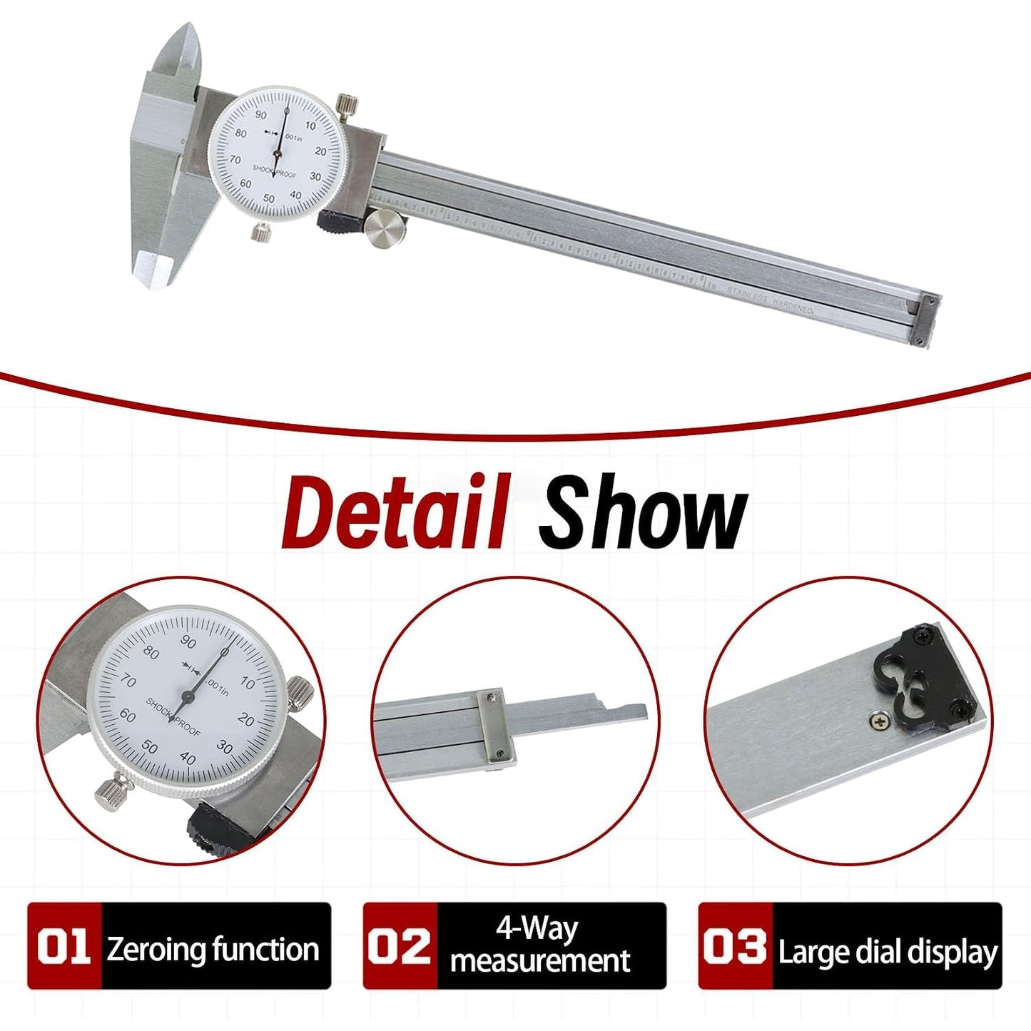 findmall 6" Dial Caliper 0.001 Stainless Steel Caliper Measuring Tool 4-Way Measurement with Plastic Case
