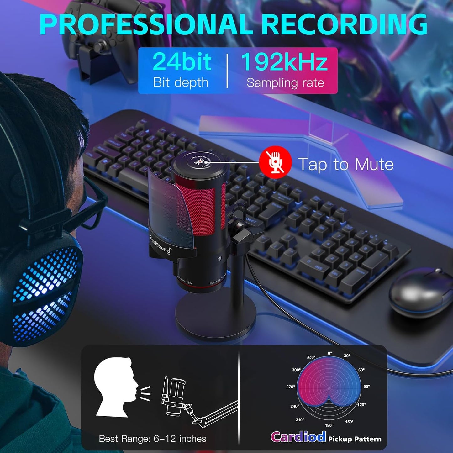 ZealSound USB Microphone for PC Mac iPhone & Android, Podcast Mic with Noise Cancellation, Touch Mute, RGB Light, Volume & Monitor Control, for Streaming Gaming Podcasting ASMR TikTok Discord YouTube