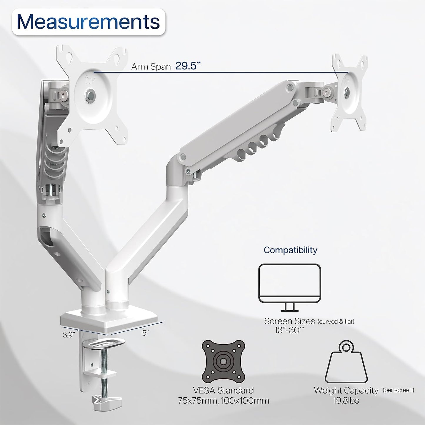 VIVO Aluminum Articulating Dual Monitor Arm for 13 to 30 inch Screens, Desk Mount Tension Spring Monitor Stand for 2 Screens, White, STAND-V102OW
