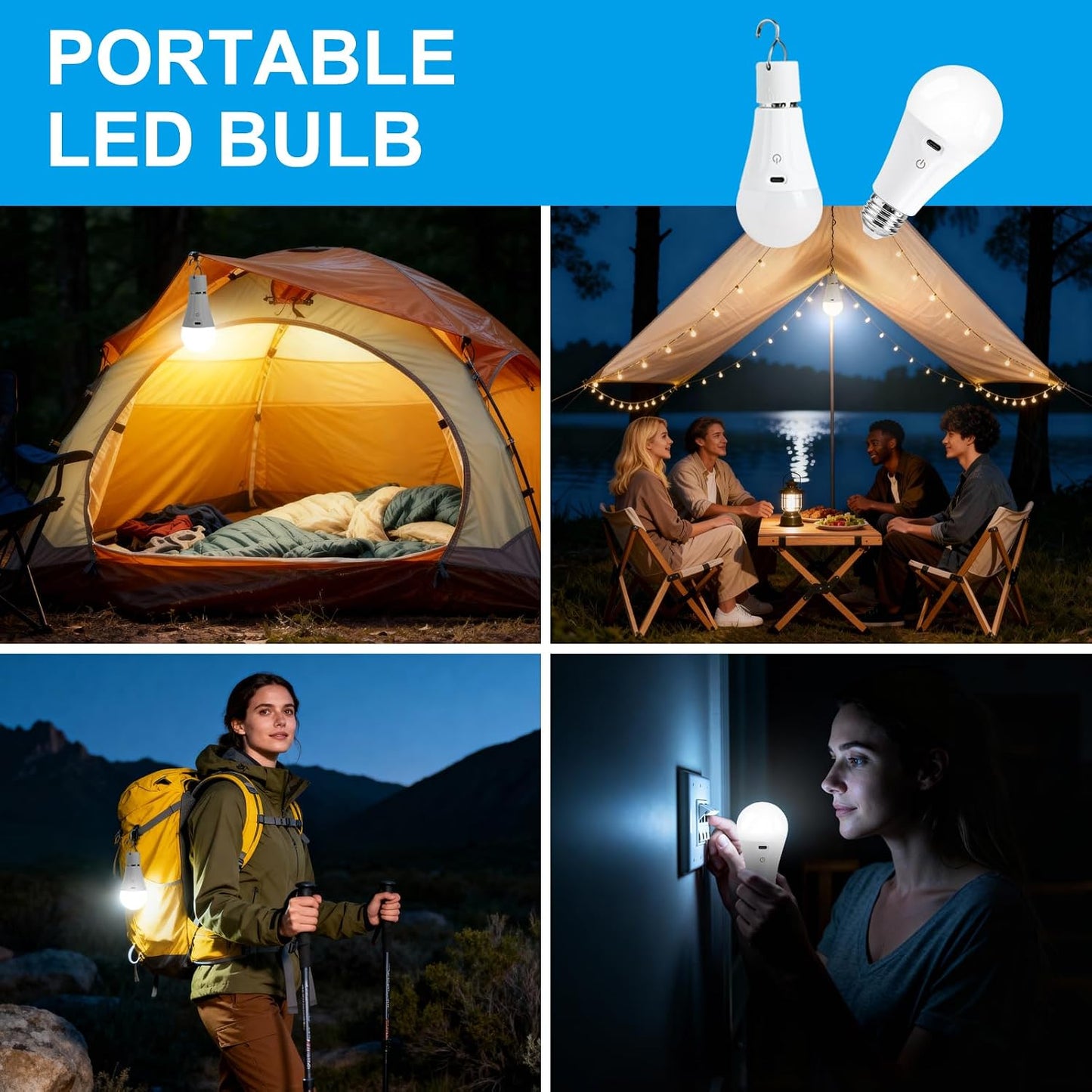 Powfloven E26 Rechargeable Light Bulbs with Remote and USB Charging, 1 Pack | Dimmable Battery Operated Light Bulb, 3 Color Temperatures, 4 Timer, A19 Wireless Light Bulbs for Wall Sconces, Not-Hardwired
