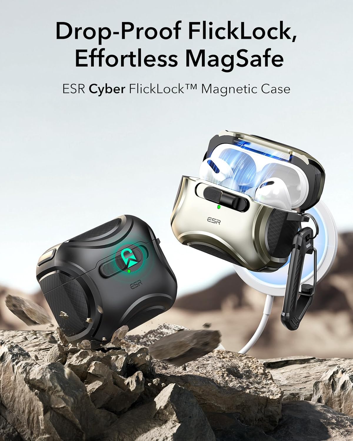ESR for AirPods Pro 2 Case (2023/2022/2019, 2nd/1st Gen), Compatible with AirPods Pro 2nd Generation (USB-C/Lightning Cable), Effortless MagSafe, Drop-Proof Lock, Easy Open, Cyber Series, Black | 2023