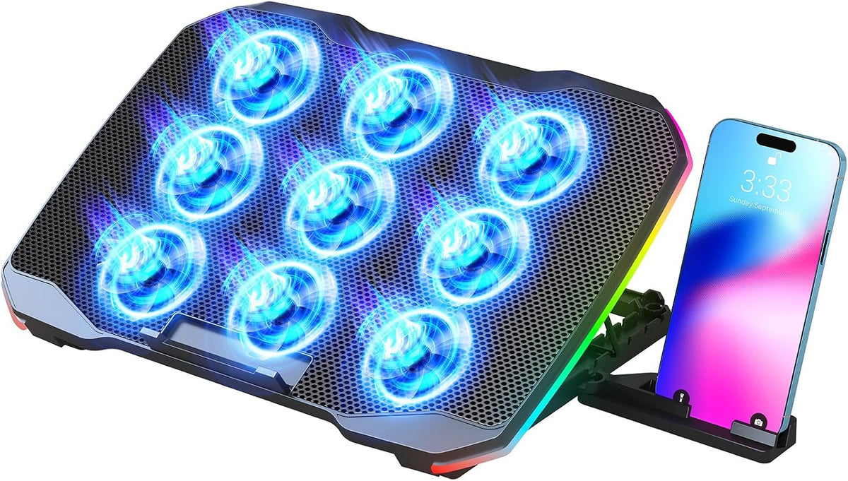 AIMIUZI Laptop Cooling Pad, Gaming Laptop Cooler with 9 Quiet Fans, Laptop Cooling Stand for 12-17 Inch, Laptop Computer Fan with 5 Height Adjustable,2 USB Ports,1 Phone Stand