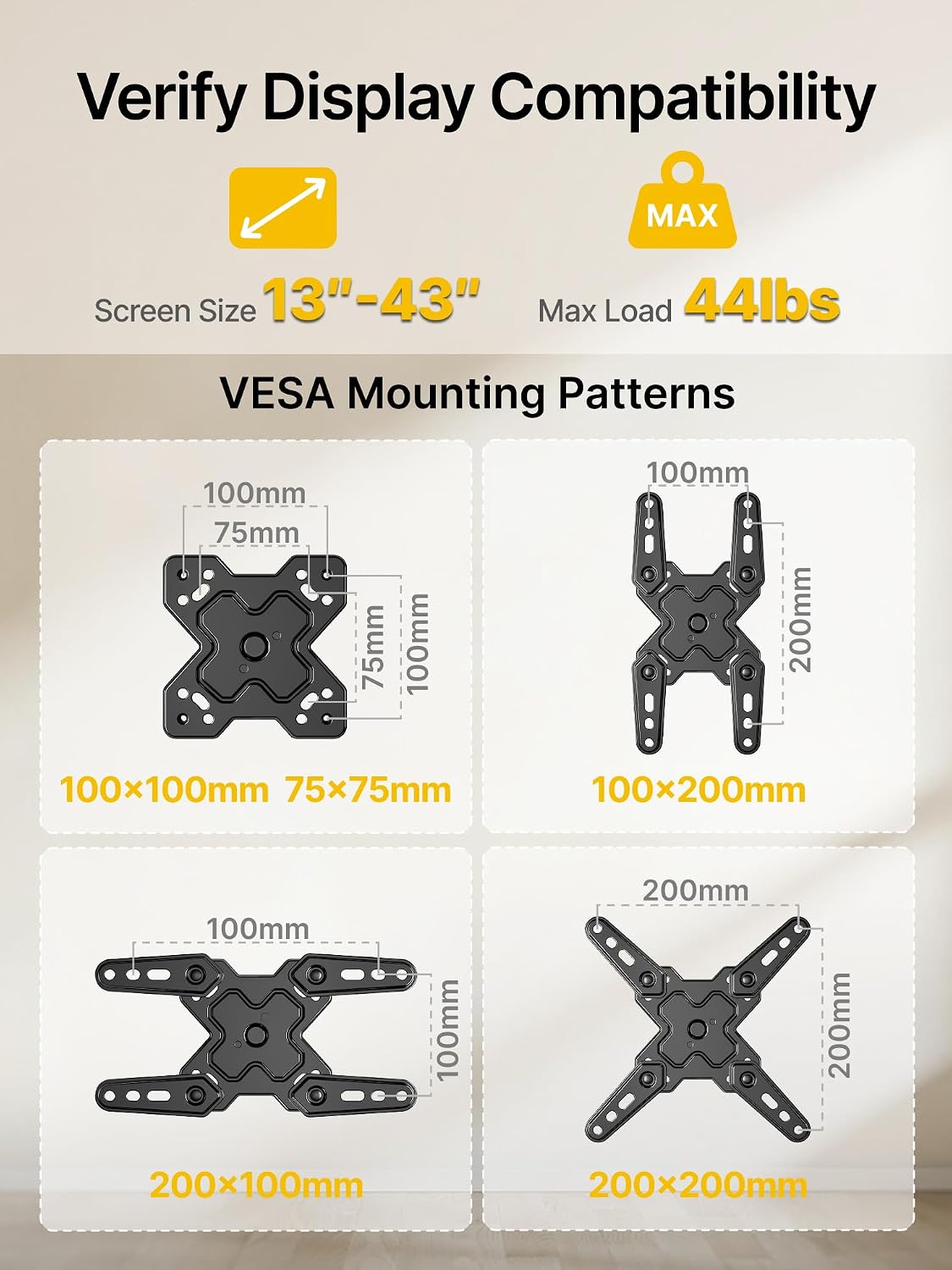 monTEK Full Motion Small TV Wall Mount for 13-43 Inch TVs up to 44 lb | ±90° swivel, +5°/-15° tilt, landscape/portrait rotation; extends 14.6 in, 4X load tested, VESA 200x200 mm, single-stud mount