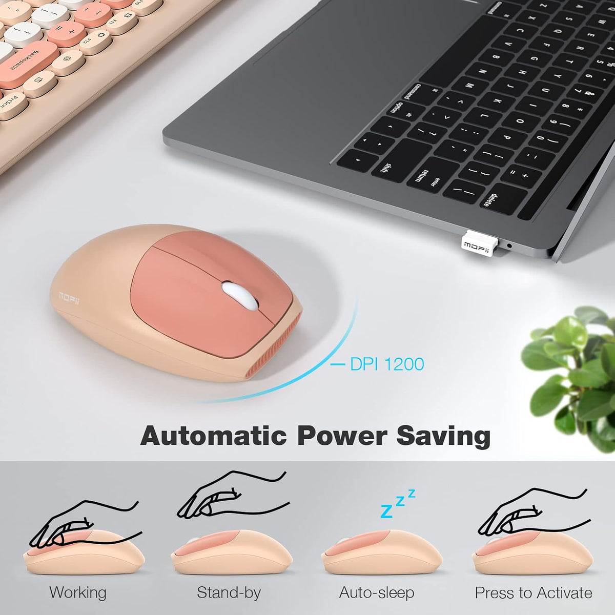 MOFii Wireless Computer Keyboard and Mouse Set, Colorful Full Size Keyboard with Number Pad and Silent Mouse for PC Desktop Windows (Milk Tea)