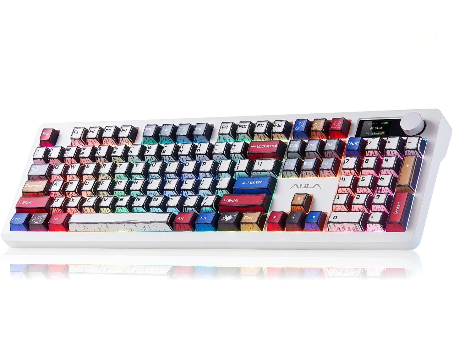 AULA Wireless Mechanical Gaming Keyboard Full Size 8000mAh with Knob&Screen | Hot Swappable Custom,RGB Backlit,Creamy Pre-lubed Blaze Switches,PBT Keycaps,Tri-Mode BT/2.4GHz/USB-C,F106Pro Comic Mix Color