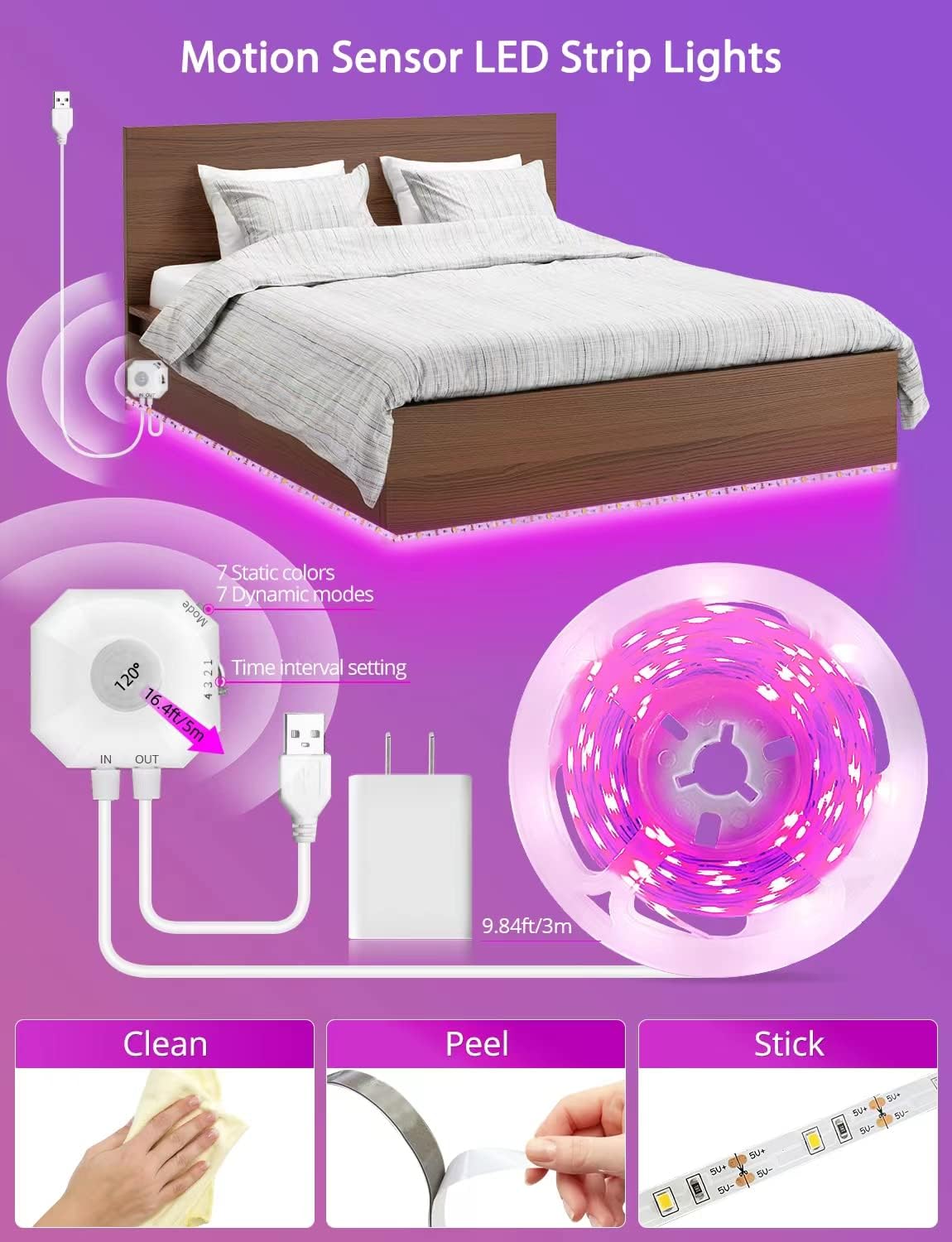 MATICOD Motion Sensor Lights Indoor Under Bed RGB LED Light Strip With APP Control - Night Lights for Bedroom, Kitchen, Closet and Stairs - 9.84ft