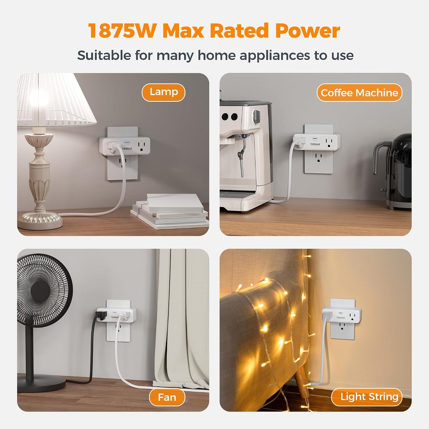 TESSAN Remote Control Outlet Plug, Wireless Switch with 2 Sockets | ON/Off Remote Outlet Switch for Indoor Lights, Lamps, Fans, Home Small Appliances, 100 Ft Range,1875W