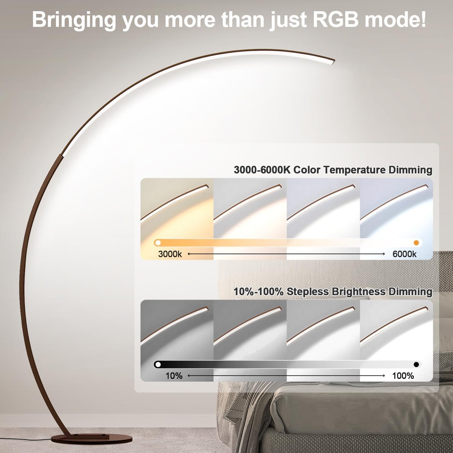 RGB Floor Lamp with 3 Color Temperatures, Ultra Bright 1800LM Smart Arc LED Floor Lamp with Remote Control, Music Sync, Scene Modes, Modern Standing Tall Lamp for Bedroom Living Room Gaming Room-Brown