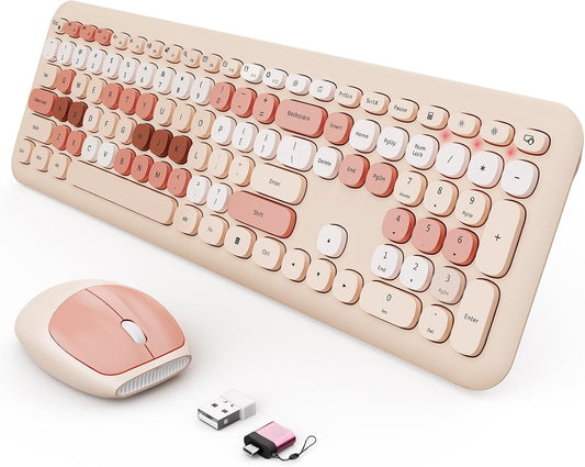 Wireless Keyboard and Mouse Combo, Cute Brown Retro Typewriter Keyboard with Number Pad, 2.4GHz USB Receiver + Type-C Adapter, Plug and Play for Laptop, Desktop, PC, Chromebook