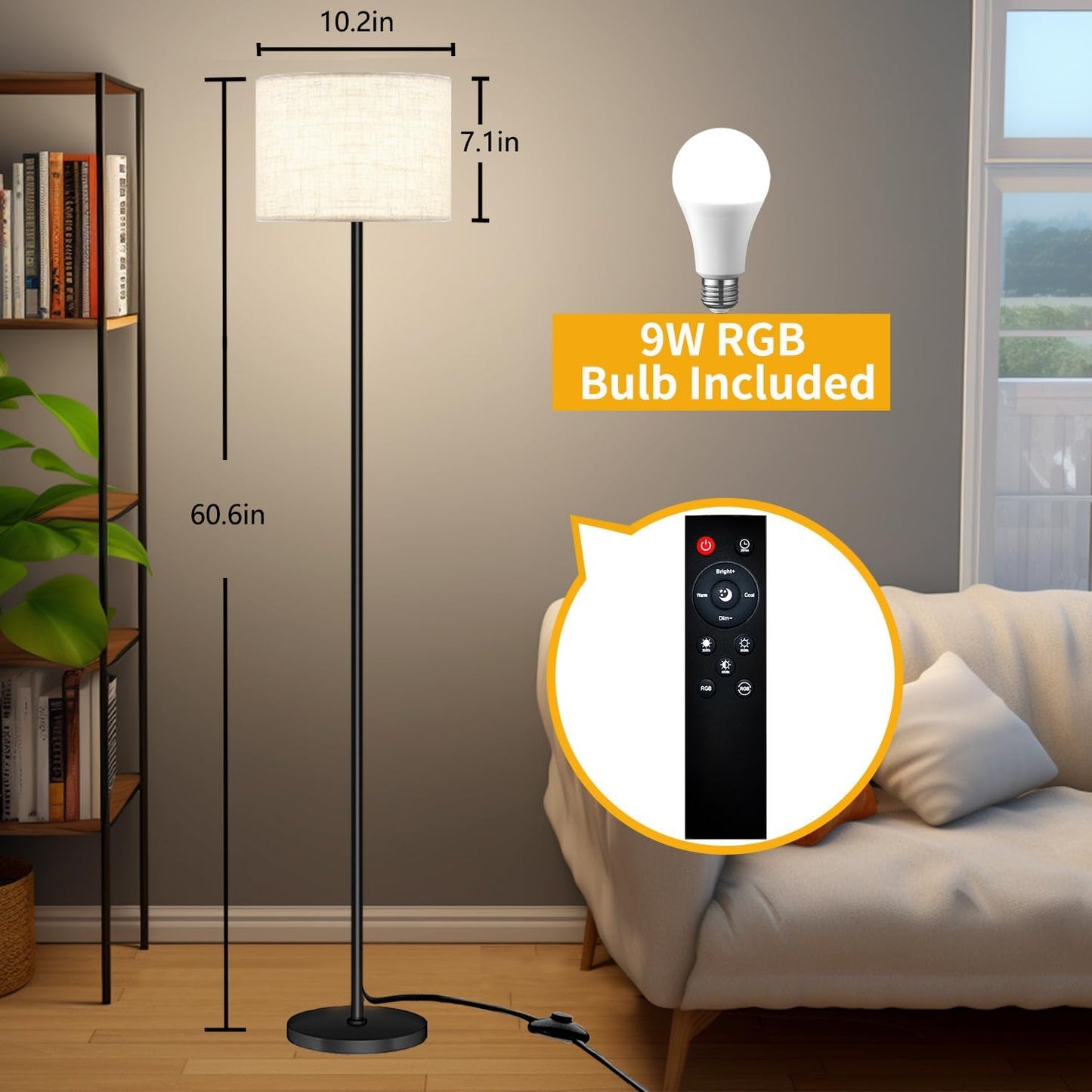 Qaubauyt Smart LED Floor Lamp with APP Control & RGB Colors - Dimmable Standing Lamp for Living Room, Bedroom, Gaming - Remote, Timer, 9W Bulb Included, 60.6" Modern Tall Lamp (Beige)