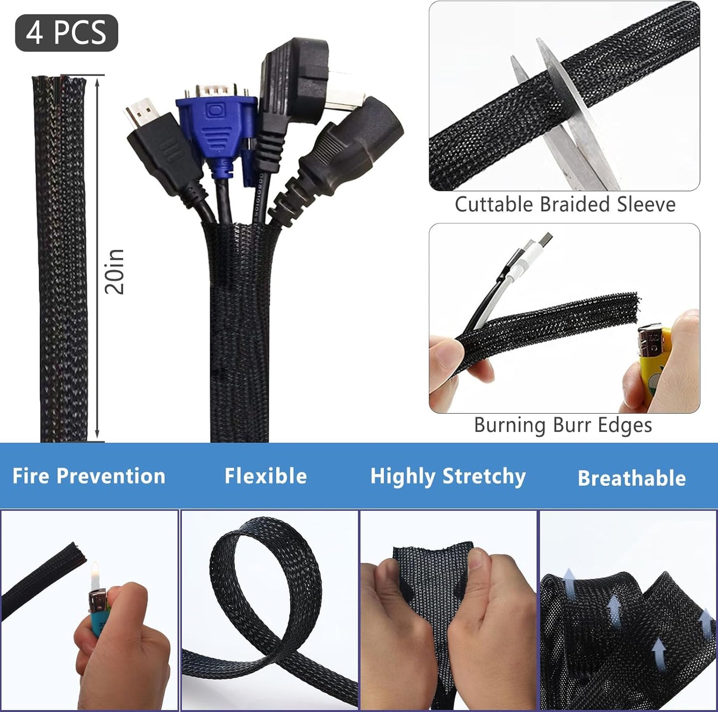 ELII 327 PCS Cable Management Kit 4 Cable Cable Sleeves,65 Cable Clips | 13Cord Holders,25 Roll Cable Organizer Straps,200 Fastening Cable Ties,20 Cable Zip Tie Mounts for Computer