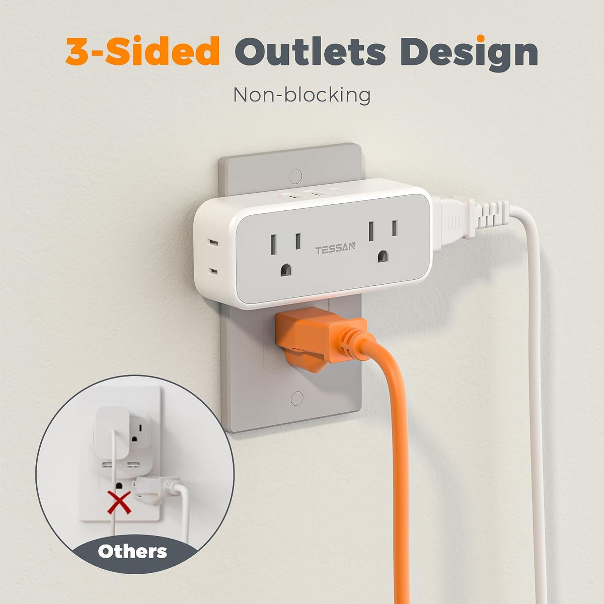TESSAN Wall Outlet Extender, Multi Plug Mini Wall Expander, Grey