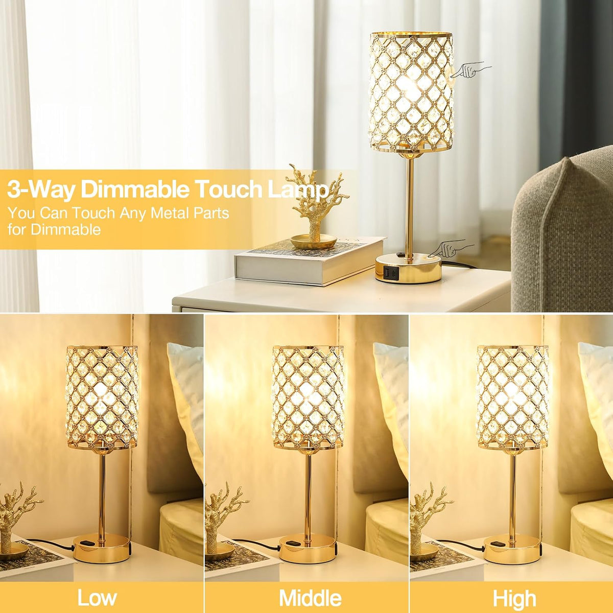 Hong-in Gold Lamps for Night Stands, Crystal Table Lamp with Touch Control | 3-Way Dimmable, USB-C+A & AC Outlet, Desk Lamp for Bedside, Nightstand, Living Room, Home Office, Bulbs Included