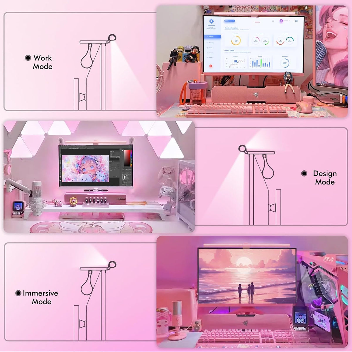 Quntis Pink Monitor Light Bar with Backlight, Desk Light Bar with Remote