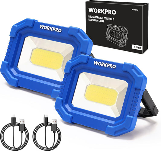 WORKPRO LED Work Light, Rechargeable Magnetic Work Lights, 2000LM, 4 Modes | Portable Flood Light with Stand, for Camping, Fishing, Car Repair, Job Site Lighting, Hiking, 2 Pack