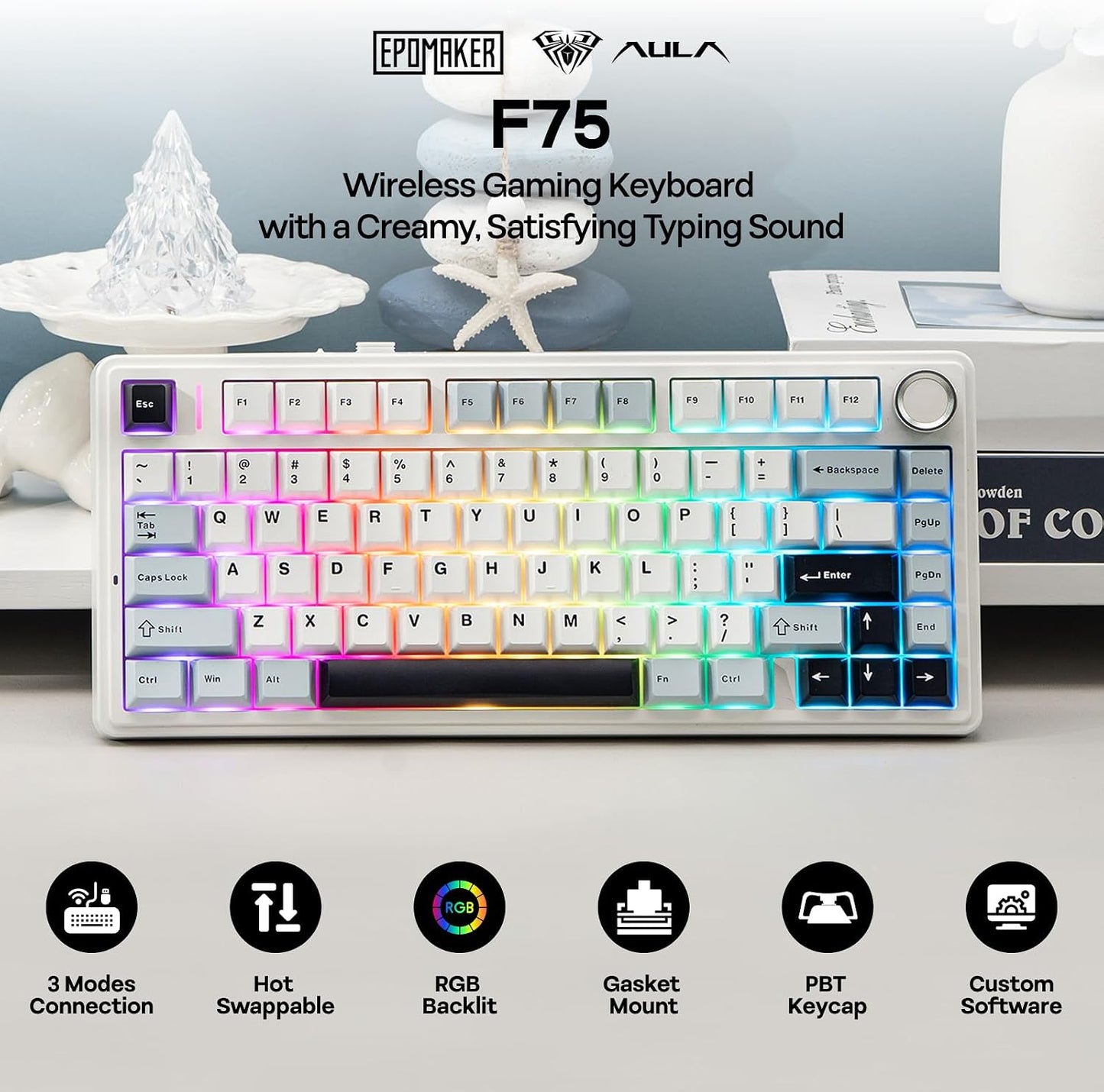 EPOMAKER x Aula F75 Gasket Mechanical Keyboard, 75% Wireless Hot Swappable Gaming Keyboard with Five-Layer Padding&Knob, BT/2.4GHz/USB-C, RGB (Light Blue, LEOBOG Reaper Switch)