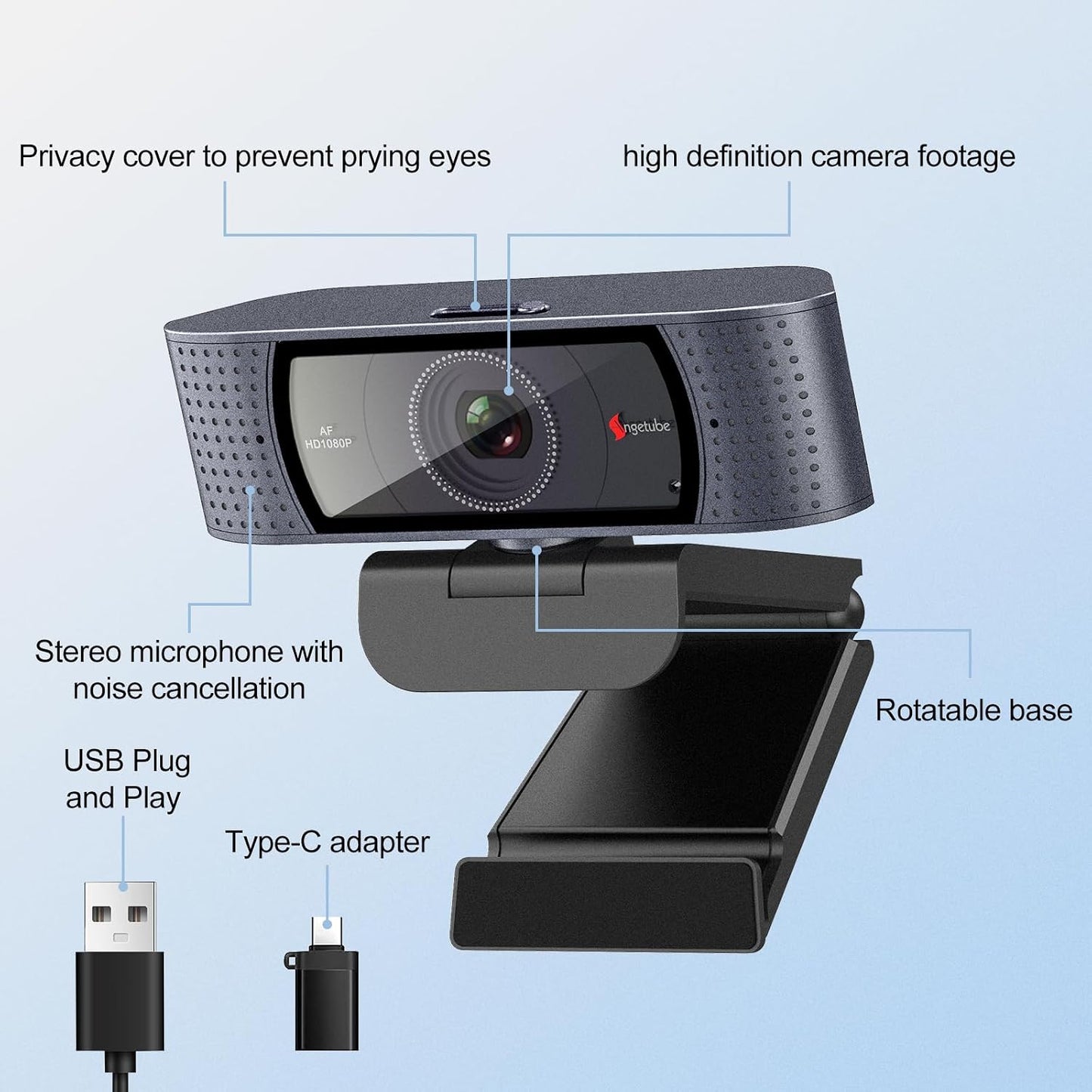 Angetube 1080P Webcam, Computer PC Camera for Laptop with Privacy Cover | 2 Microphone, Plug & Play, USB Type-A & A-to-C Adapter, 78° FOV, Suit for Online Calling, Zoom/Teams/YouTube/Google Meeting