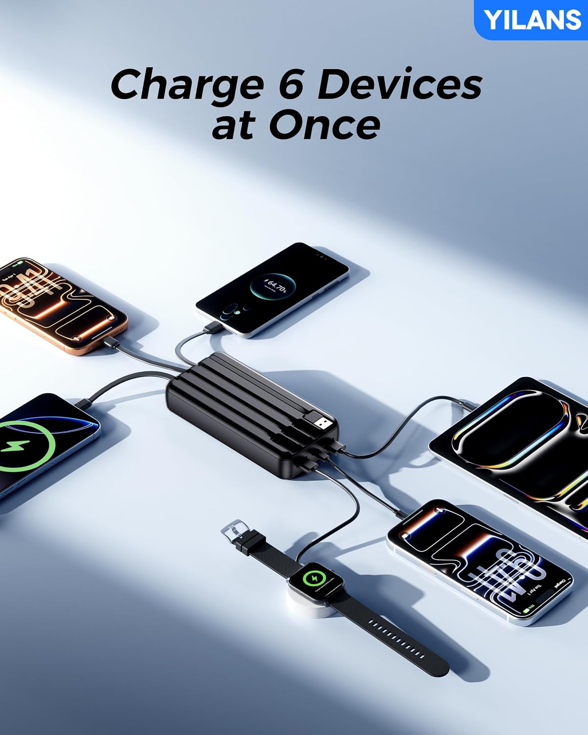 YILANS Portable Charger 50000mAh, 22.5W Power Bank with Built-in 4 Cables | Charges 6 Devices, Fast Charging Travel Essential, External Battery Phone Pack for iPhone 17-12, for Samsung/Android/iPad