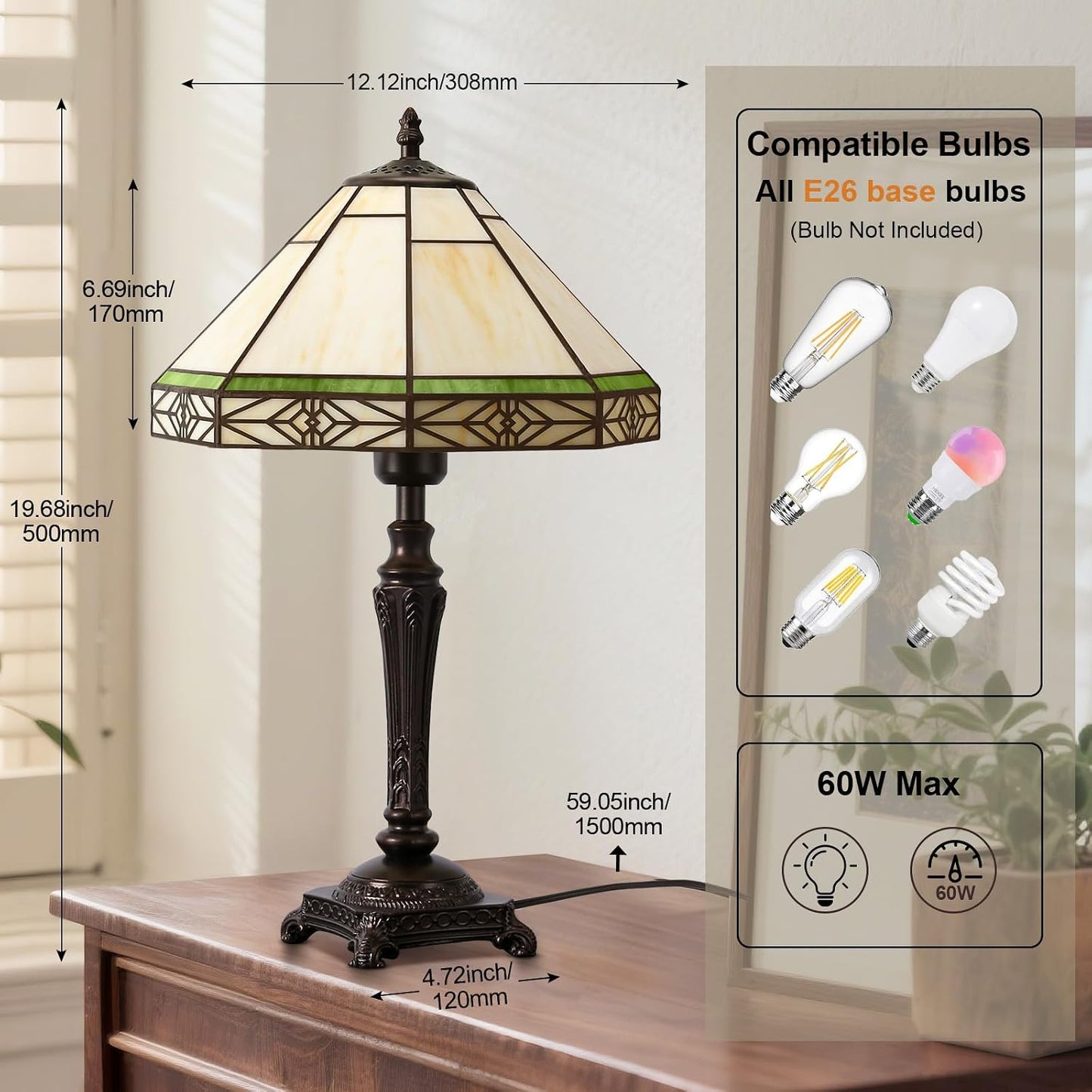 Table Lamp with Stained Glass Shade, Vintage Style Desk Lamp, Mid Century Modern Bedside Nightstand Decorative Lamps with Rocker Switch, Unique Accent Light for Bedroom Living Room Office (E26 Base)