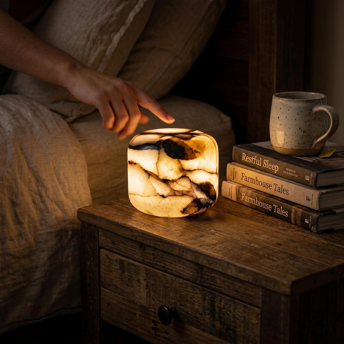 Natural Marble Lamp, Cordless Rechargeable Tap Light, 3-Way Dimmable Ambient Stone Glow Lamp, Portable Zen Decor Gift for Bedroom Desk Shelf