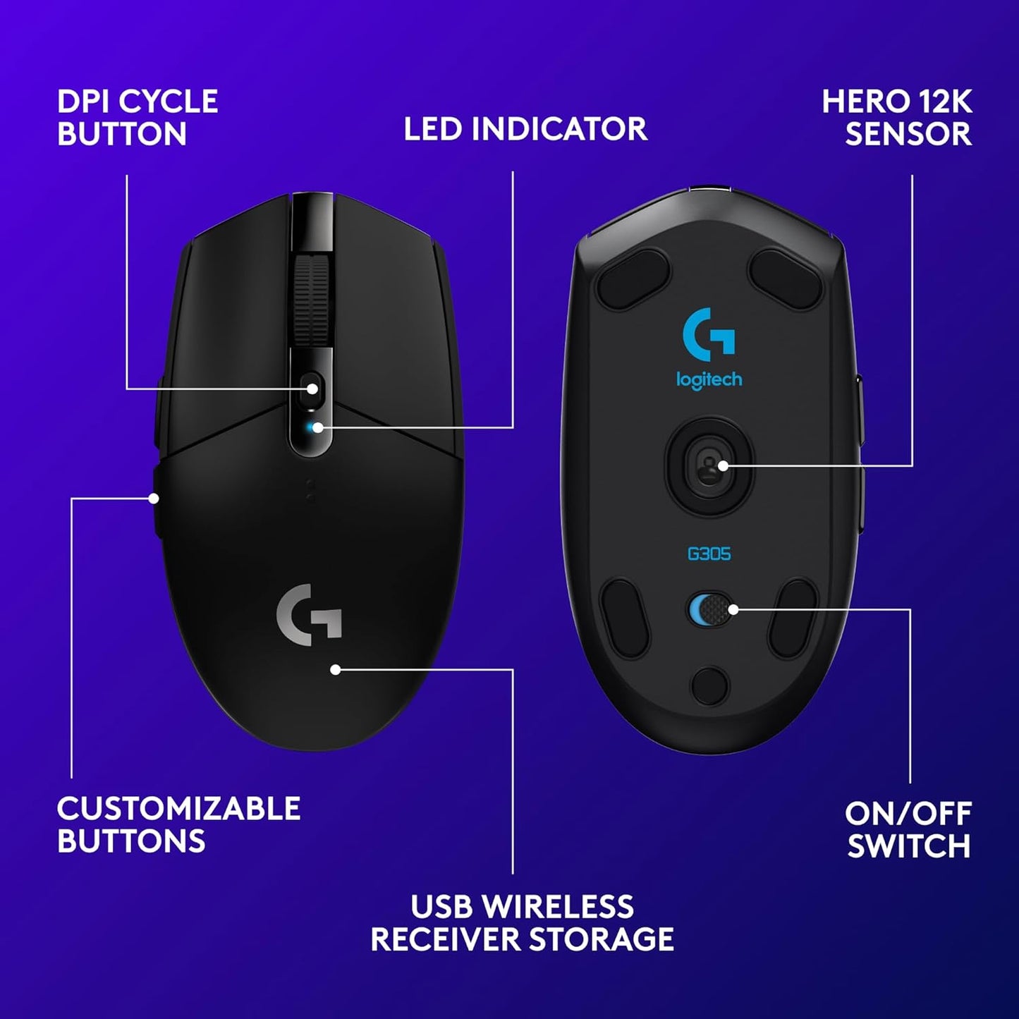 Logitech G305 Lightspeed Wireless Gaming Mouse - Black | Hero Sensor 12, Lightspeed 1ms Wireless, Up to 250h on 1xaa, 6 Programmable Buttons, 99g with Battery