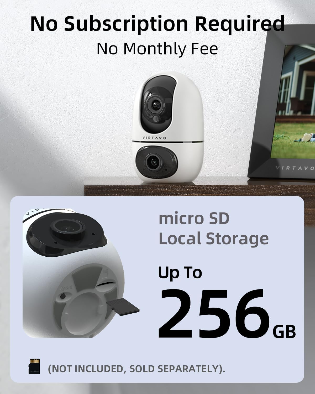 VIRTAVO XD1 Indoor Security WiFi Camera, No Subscription Required, Dual-Lens 360° PTZ Baby Monitor & Pet Cam, Motion Tracking, 2-Way Audio, Night Vision,Optional Cloud/SD Storage, Phone App, Wired