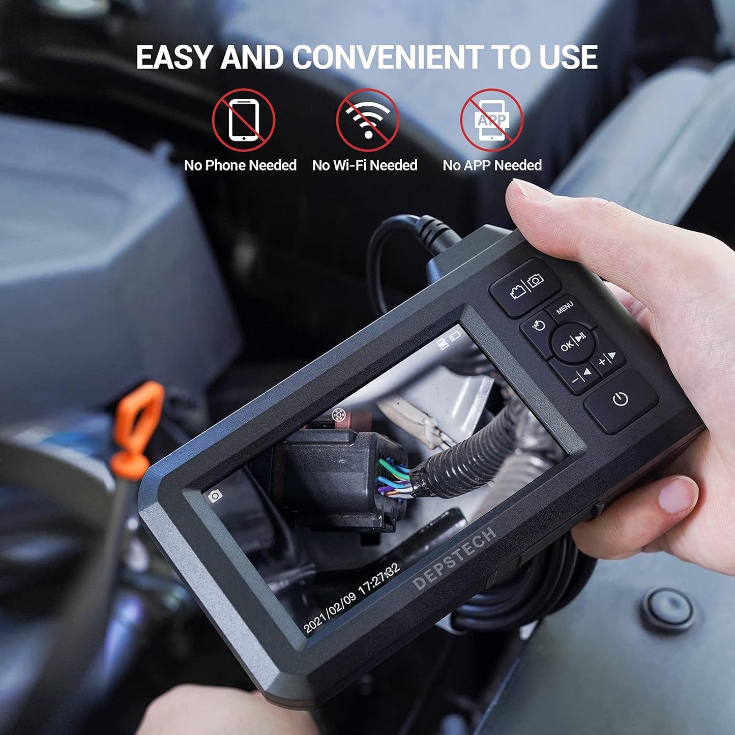 DEPSTECH 5.5mm Industrial Endoscope, 1080P Digital Borescope Inspection Camera with 4.3" Screen, IP67 Waterproof Snake Camera with Lights,16.5FT Semi-Rigid Cable, 32GB Card &Photo Capture,Helpful Tool